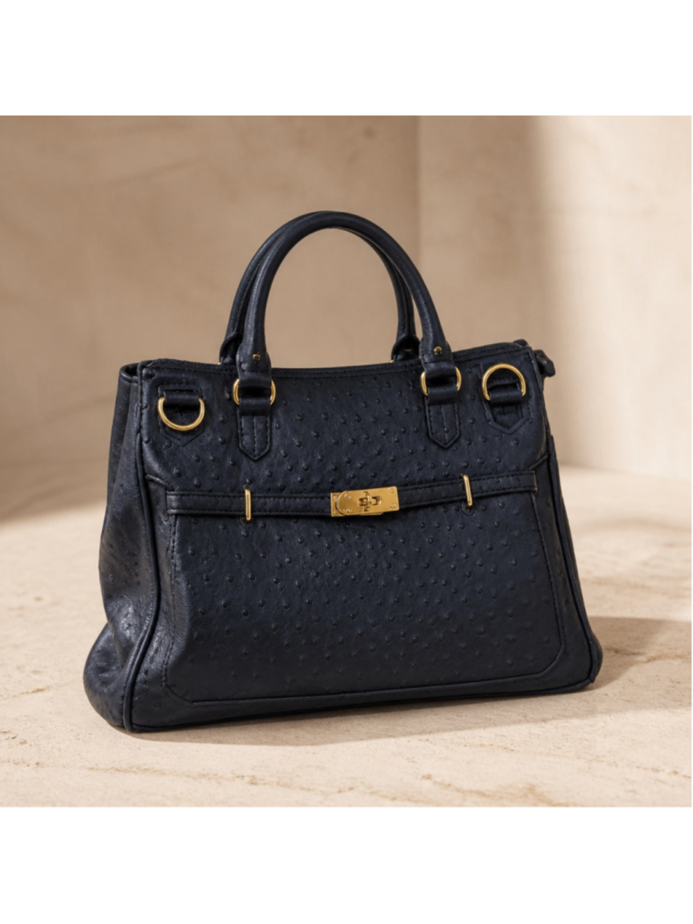Genuine Leather Ostrich Embossed Birkin Style Top Handle Satchel Black-Navy Gold